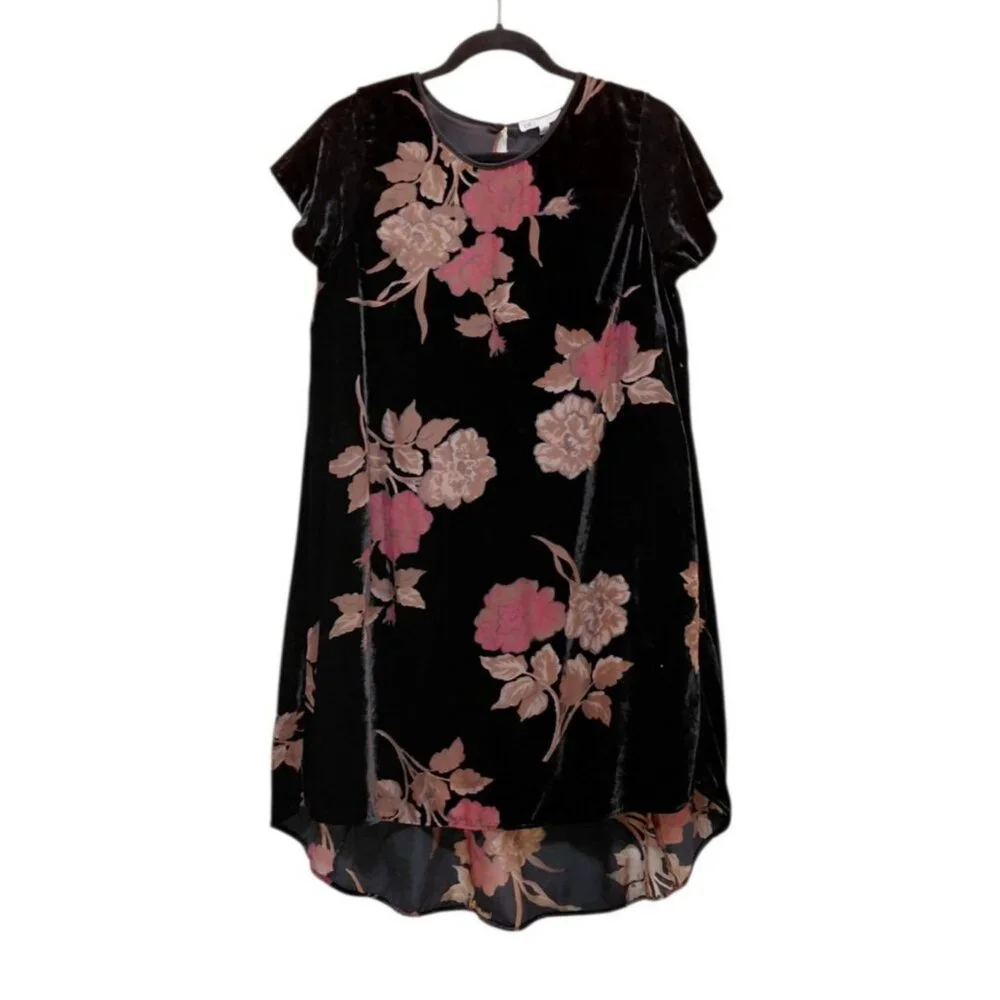 Vtg DR2 Floral Velvet Burnout Flare Mini Dress‎ Black Medium